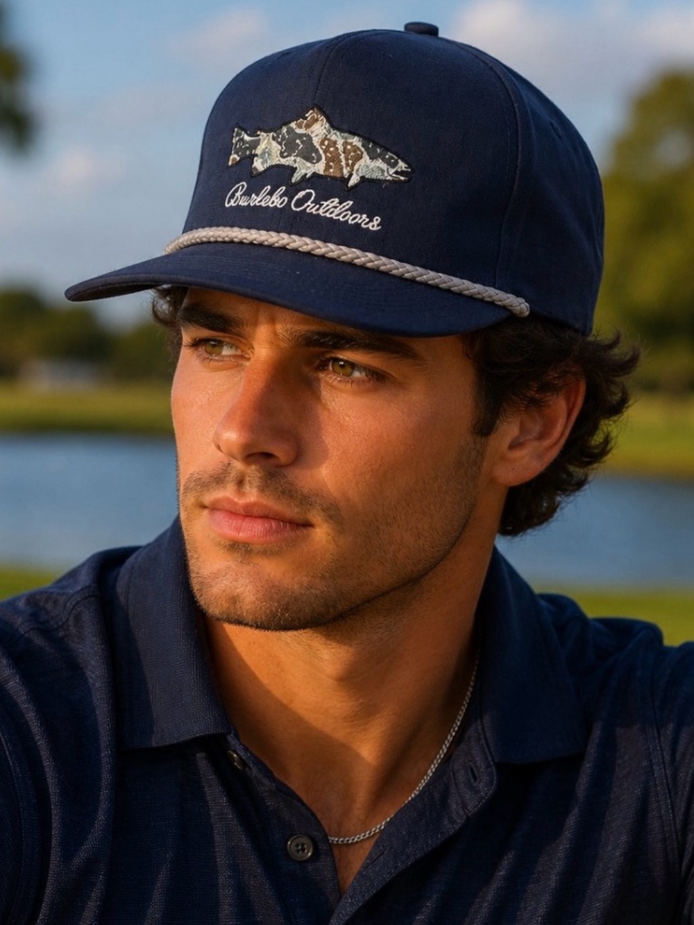 BURLEBO Outdoors Fish Rope Snapback Hat Navy Performance Cap NWT